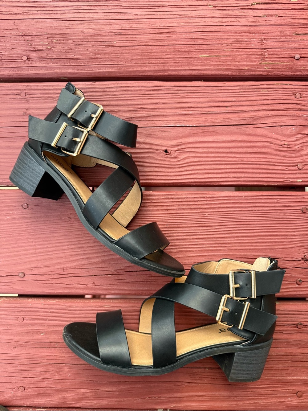 Diba Black Leather Strappy Sandals with Gold Buckles